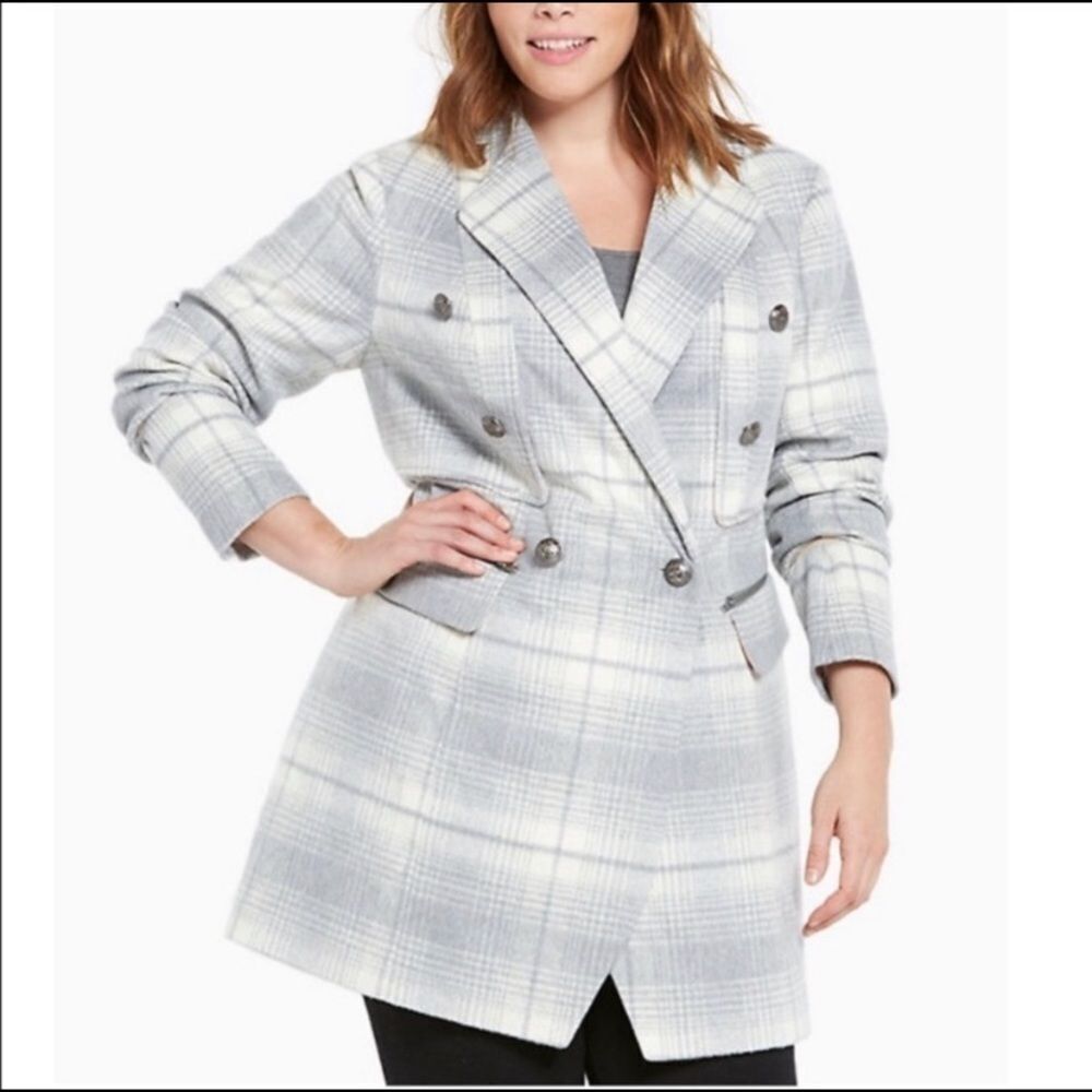 Torrid GREY‎ AND WHITE PLAID WOOL MIDI COAT